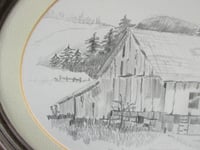 Image 3 of Vintage Original Pencil Drawing of Country Barn, Unsigned, Oval Frame 11 2/10 x 8 7/10 ins