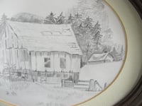 Image 4 of Vintage Original Pencil Drawing of Country Barn, Unsigned, Oval Frame 11 2/10 x 8 7/10 ins