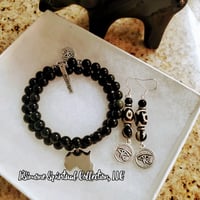 Golden Obsidian Wrap Bracelet & Eye of Horus Earrings Set