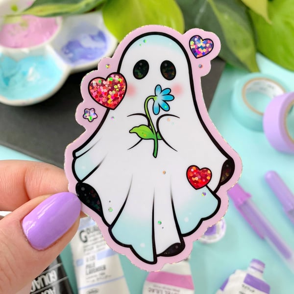 Image of GLITTER Shy Ghost & Flower STICKER