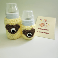 Image 3 of Bear Baby Bottle Covers and Card Gift Set- Handmade Newborn Gift Bundle