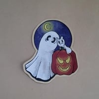 Individual Paper Sticker--Swoopy Ghost with Swoopy Ghost Dog Posing by a Pumpkin in Moonlight