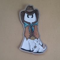 Individual Paper Sticker--Swoopy Ghost Dressed as a Cowboy with Swoopy Ghost Dog With Badge