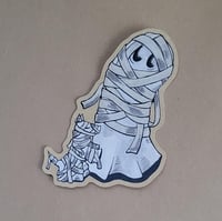 Individual Paper Sticker--Swoopy Ghost Dressed as a Mummy with Swoopy Ghost Dog Mummy
