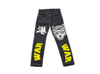 Image 1 of Levi's 505 Black panther party kanji war custom screen print black/white/yellow denim jeans