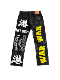 Image 2 of Levi's 505 Black panther party kanji war custom screen print black/white/yellow denim jeans