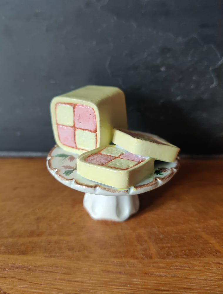 Image of 3D clay food art - Battenberg on vintage cake stand
