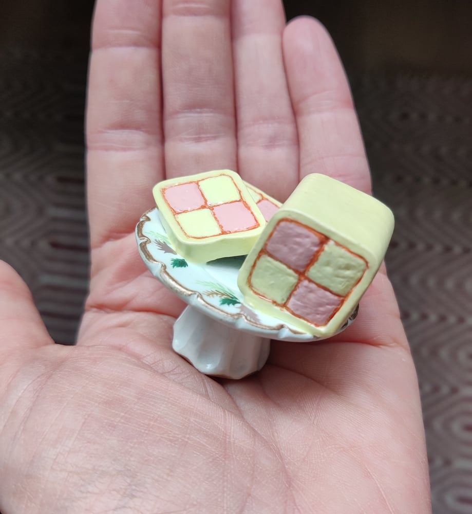 Image of 3D clay food art - Battenberg on vintage cake stand