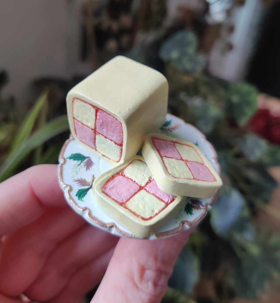 Image of 3D clay food art - Battenberg on vintage cake stand