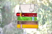 Image 1 of Books with teacup stained glass suncatcher