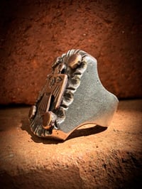 Image 4 of WL&A Handmade Heavy Layered Sterling & Ancient Bronze Thunderbird Signet 