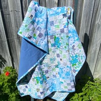 Image 1 of Cobalt Treasure Handmade Quilt Upcycled Vintage Fabrics & Wool Blanket