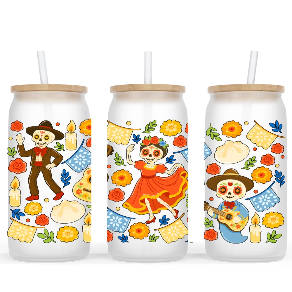 Image of Dia De Los Muertos Frosted Glass Cup💀🧡