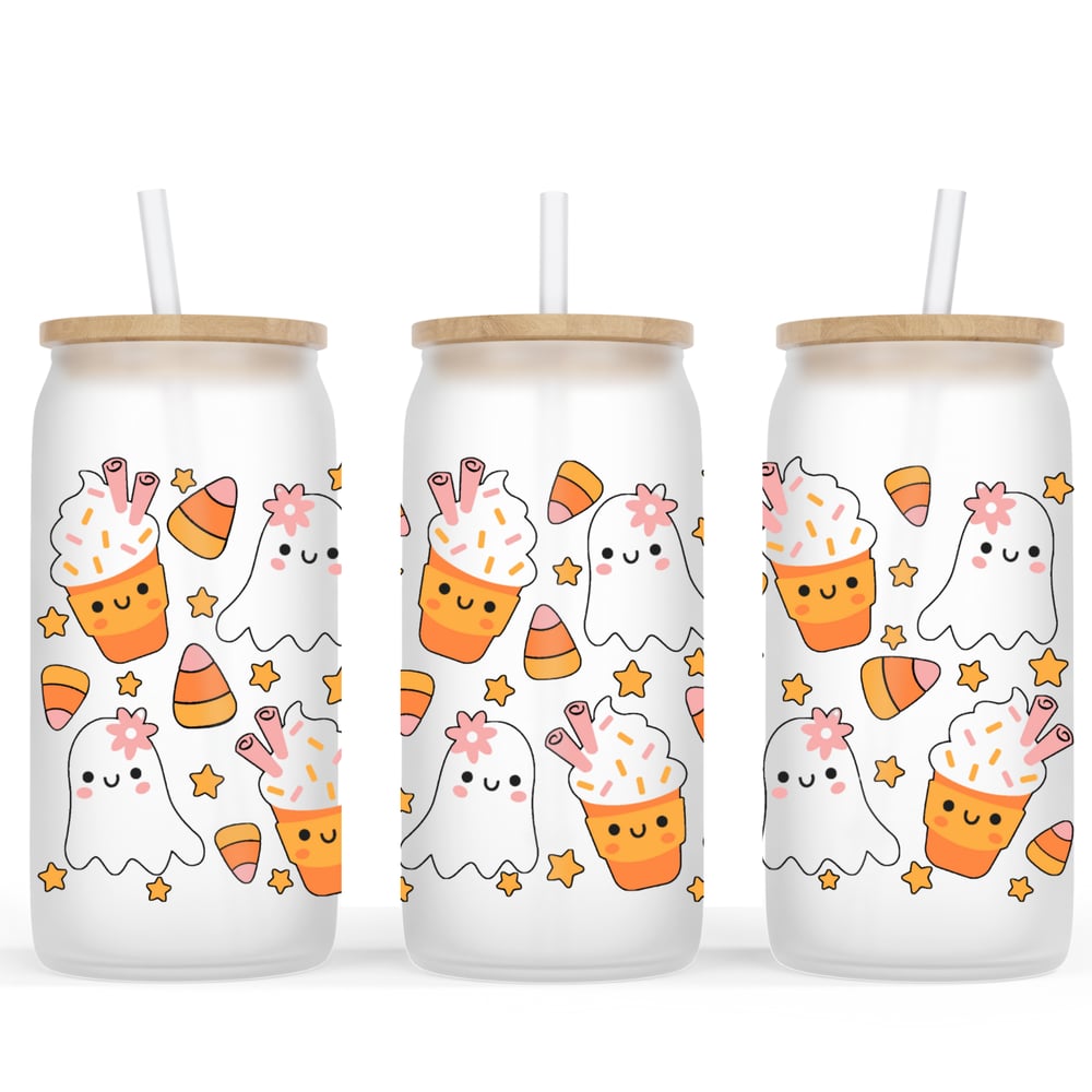 Image of Pumpkin Spice Ghosts Frosted Glass Cup🎃👻