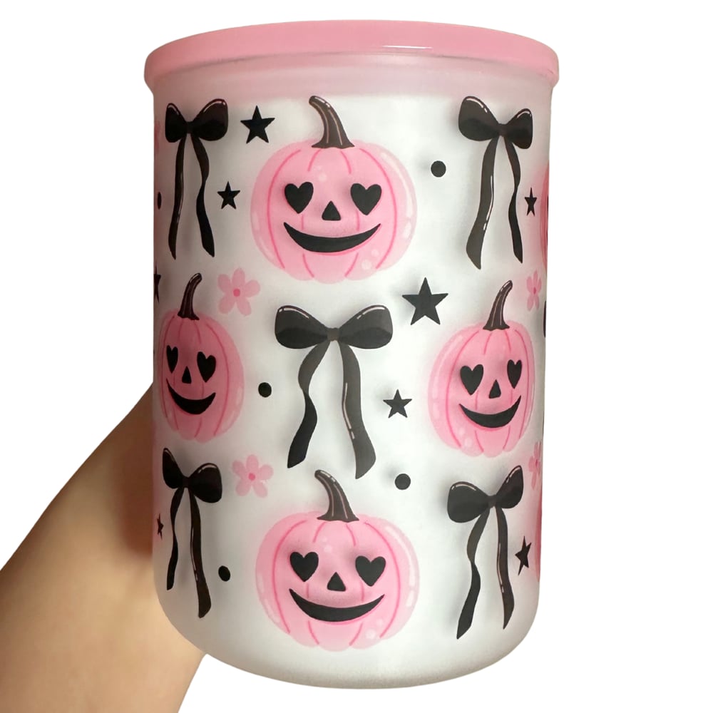 Image of Pumpkins & Bows 17oz Frosted Glass Mug💕👻