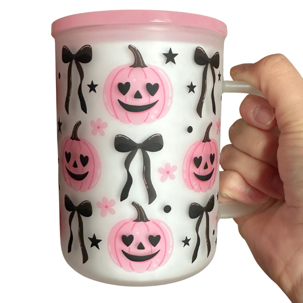 Image of Pumpkins & Bows 17oz Frosted Glass Mug💕👻
