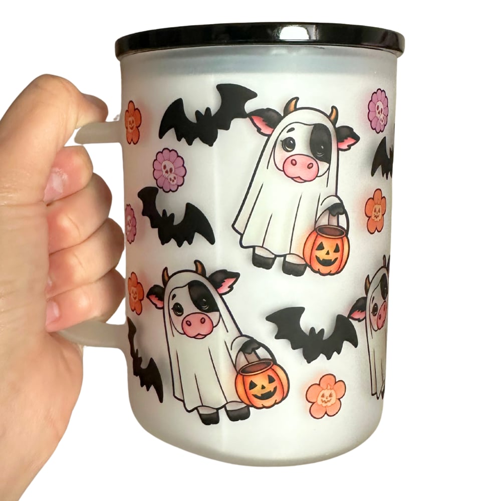 Image of Spooky Cows 17oz Frosted Glass Mug🐮👻