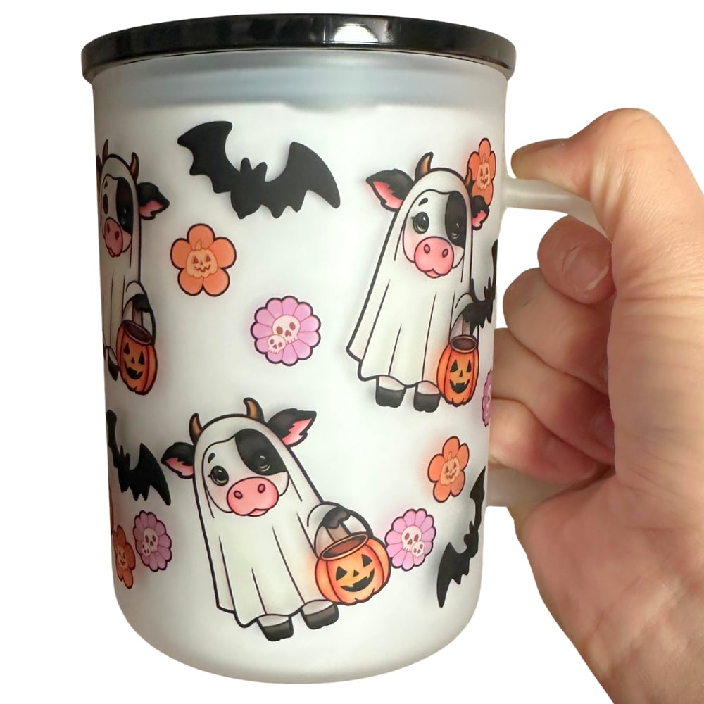 Image of Spooky Cows 17oz Frosted Glass Mug🐮👻