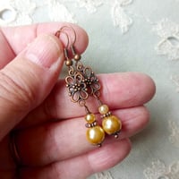 Image 2 of Edwardian Floral Pearl Earrings, Light Caramel & Antique Copper