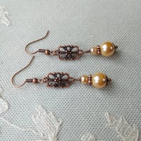 Image 4 of Edwardian Floral Pearl Earrings, Light Caramel & Antique Copper