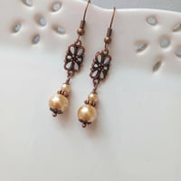 Image 1 of Edwardian Floral Pearl Earrings, Light Caramel & Antique Copper