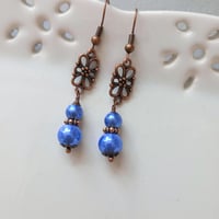 Image 1 of Edwardian Floral Pearl Earrings, Cornflower Blue & Antique Copper