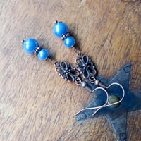 Image 8 of Edwardian Floral Pearl Earrings, Cornflower Blue & Antique Copper