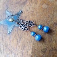 Image 6 of Edwardian Floral Pearl Earrings, Cornflower Blue & Antique Copper