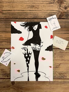 Image of "Raining hearts" handmade woodcut print