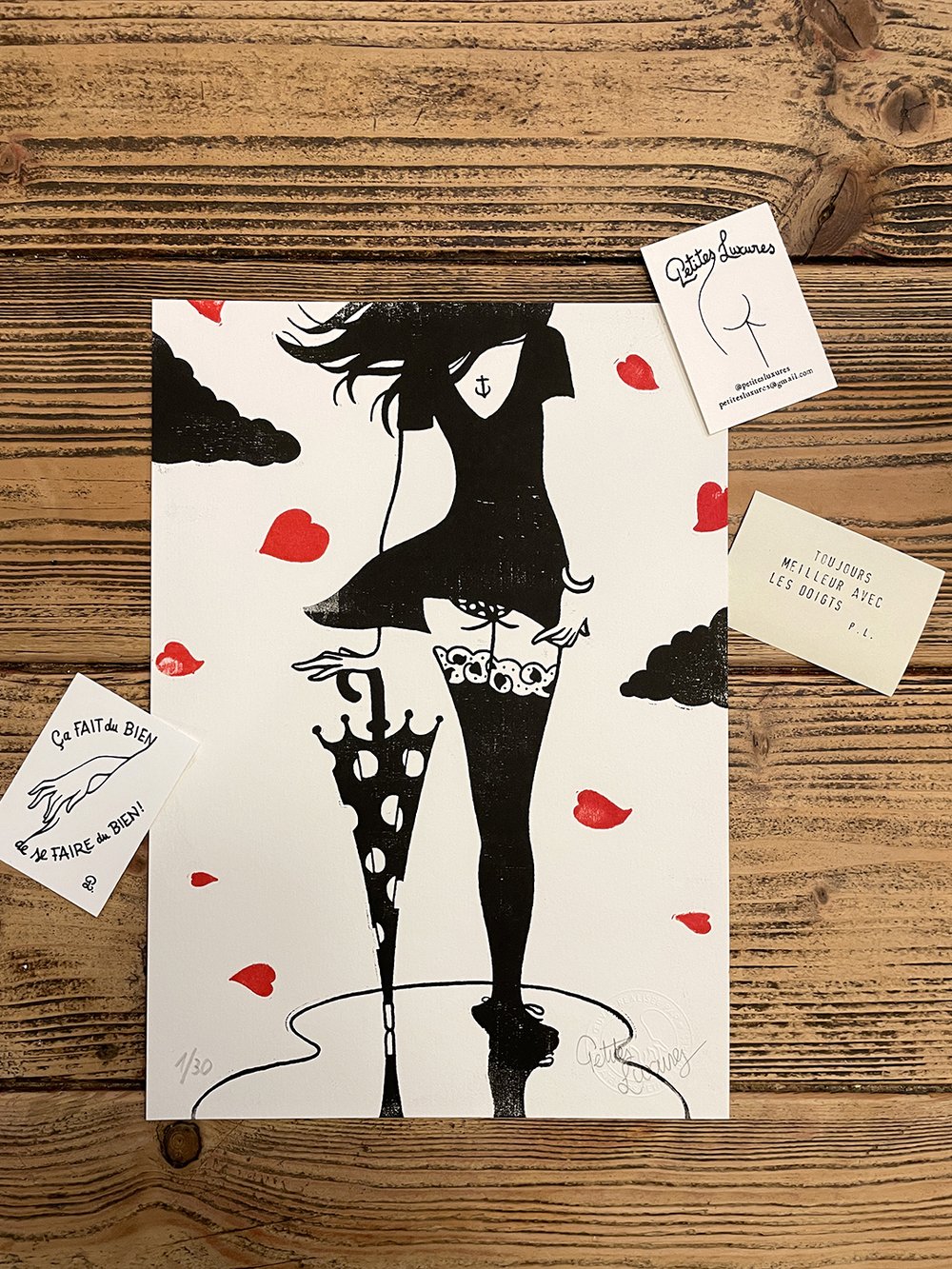 Image of "Raining hearts" handmade woodcut print