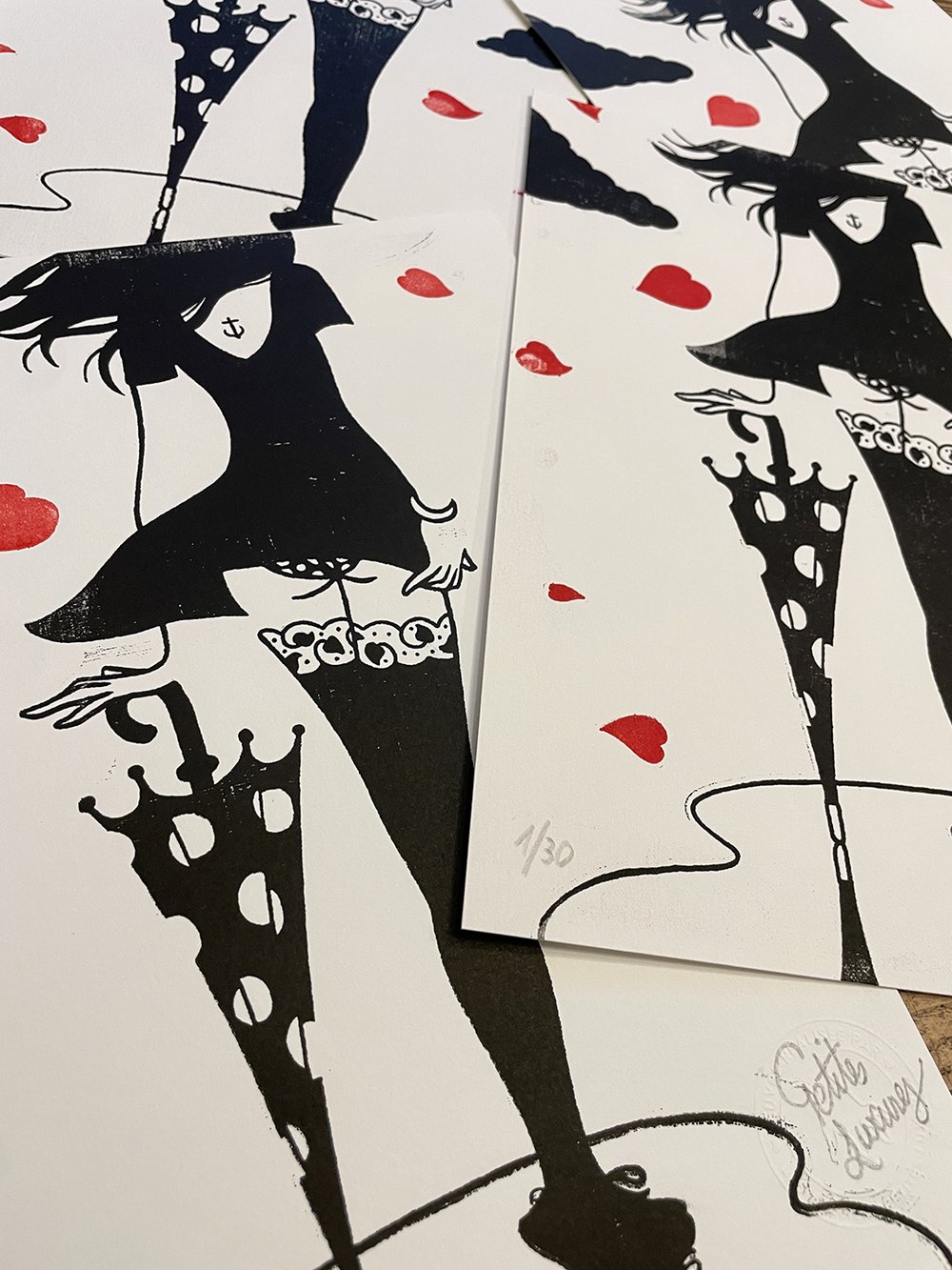 Image of "Raining hearts" handmade woodcut print