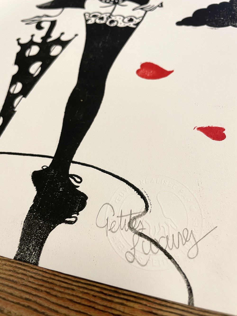 Image of "Raining hearts" handmade woodcut print