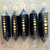 Image 8 of Black Obsidian Crystal Point Wand, Gold Moon Phase Engraving, Double Terminated Crystal