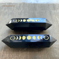 Image 1 of Black Obsidian Crystal Point Wand, Gold Moon Phase Engraving, Double Terminated Crystal