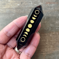 Image 2 of Black Obsidian Crystal Point Wand, Gold Moon Phase Engraving, Double Terminated Crystal
