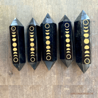 Image 4 of Black Obsidian Crystal Point Wand, Gold Moon Phase Engraving, Double Terminated Crystal