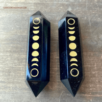 Image 5 of Black Obsidian Crystal Point Wand, Gold Moon Phase Engraving, Double Terminated Crystal