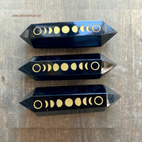 Image 3 of Black Obsidian Crystal Point Wand, Gold Moon Phase Engraving, Double Terminated Crystal