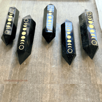 Image 7 of Black Obsidian Crystal Point Wand, Gold Moon Phase Engraving, Double Terminated Crystal