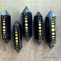 Image 6 of Black Obsidian Crystal Point Wand, Gold Moon Phase Engraving, Double Terminated Crystal