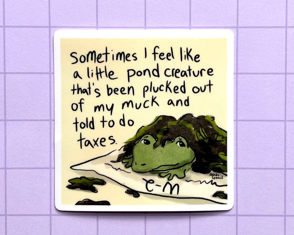 Image of Frog doing taxes vinyl sticker
