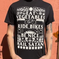 Image 1 of Eat Veg Ride Bikes Be Nice Hail Satan t-shirt