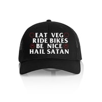 EAT VEG, RIDE BIKES, BE NICE, HAIL SATAN TRUCKER CAP (preorder!)