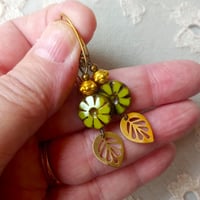 Image 3 of Contemporary Boho Golden Leaf Earrings in Olive Green, Gold & Bronze