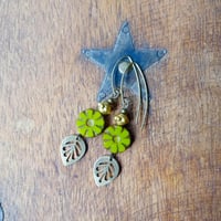 Image 4 of Contemporary Boho Golden Leaf Earrings in Olive Green, Gold & Bronze