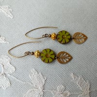 Image 5 of Contemporary Boho Golden Leaf Earrings in Olive Green, Gold & Bronze