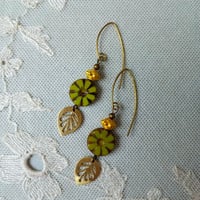 Image 8 of Contemporary Boho Golden Leaf Earrings in Olive Green, Gold & Bronze