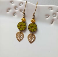 Image 1 of Contemporary Boho Golden Leaf Earrings in Olive Green, Gold & Bronze