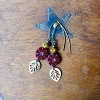 Image 3 of Contemporary Boho Golden Leaf Earrings in Oxblood Red, Gold & Bronze