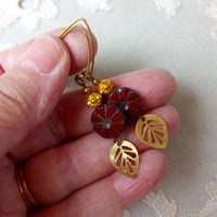 Image 2 of Contemporary Boho Golden Leaf Earrings in Oxblood Red, Gold & Bronze